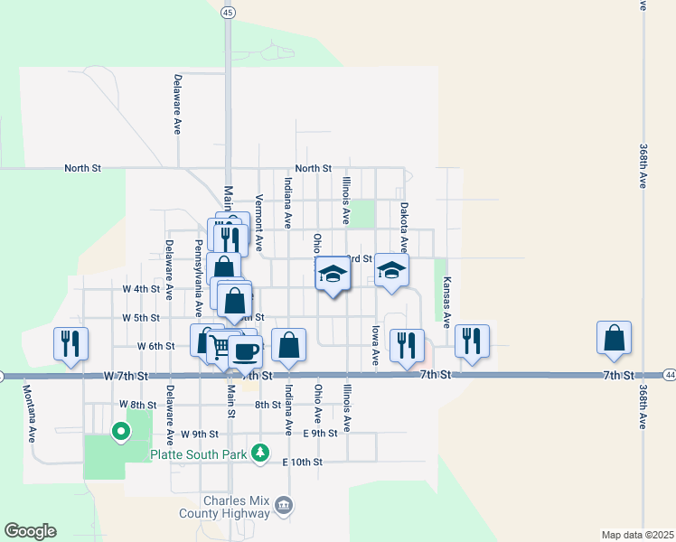 map of restaurants, bars, coffee shops, grocery stores, and more near 300-398 Illinois Avenue in Platte