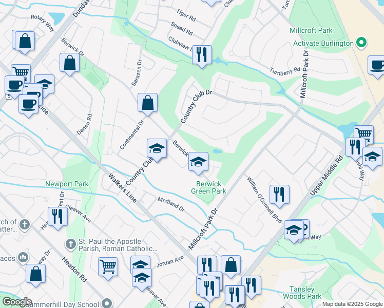 map of restaurants, bars, coffee shops, grocery stores, and more near 2113 Berwick Drive in Burlington