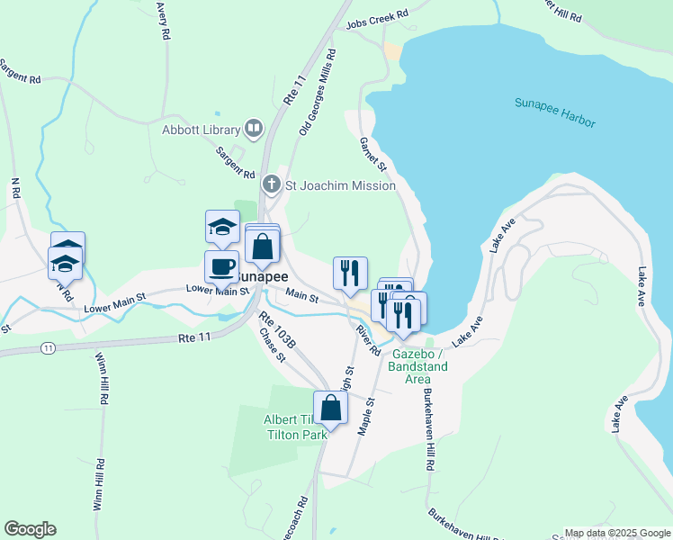 map of restaurants, bars, coffee shops, grocery stores, and more near 10 Alpine Court in Sunapee