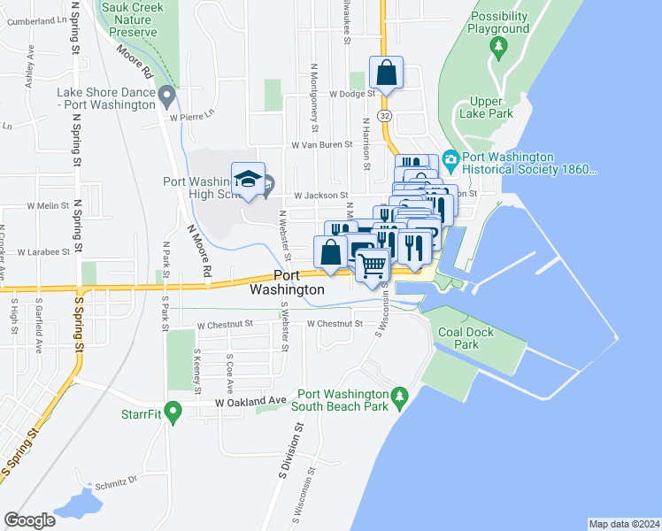 map of restaurants, bars, coffee shops, grocery stores, and more near 231 East Grand Avenue in Port Washington