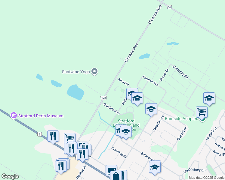 map of restaurants, bars, coffee shops, grocery stores, and more near 84 Bell Court in Stratford