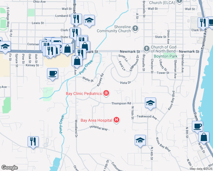 map of restaurants, bars, coffee shops, grocery stores, and more near 3693 Kinney Road in North Bend