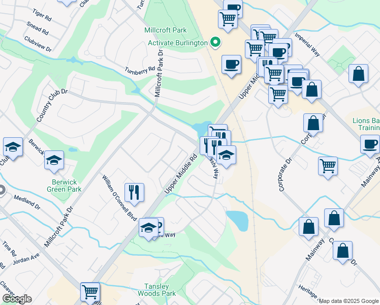 map of restaurants, bars, coffee shops, grocery stores, and more near 2001 Atkinson Drive in Burlington