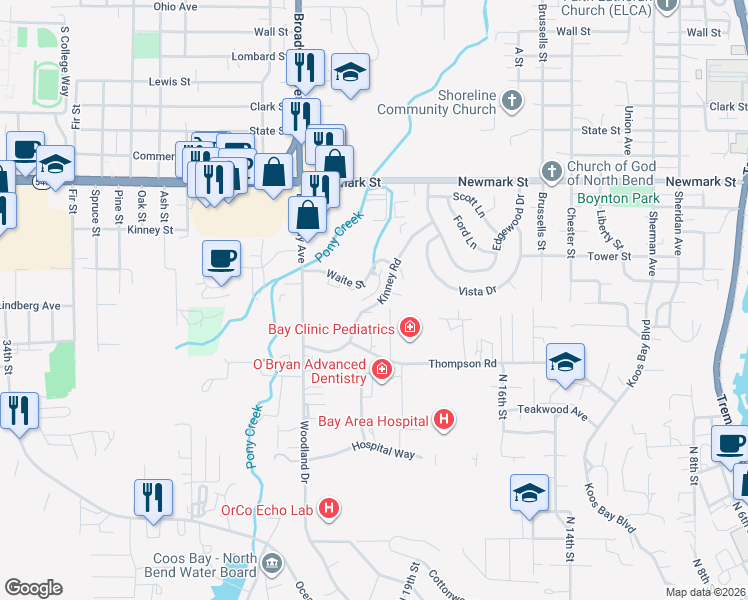 map of restaurants, bars, coffee shops, grocery stores, and more near 3710 Pacific Street in North Bend
