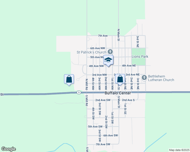 map of restaurants, bars, coffee shops, grocery stores, and more near 201-299 4th Street Northwest in Buffalo Center
