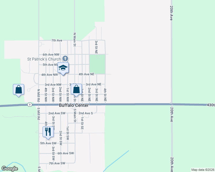 map of restaurants, bars, coffee shops, grocery stores, and more near 201-299 4th Street Northeast in Buffalo Center