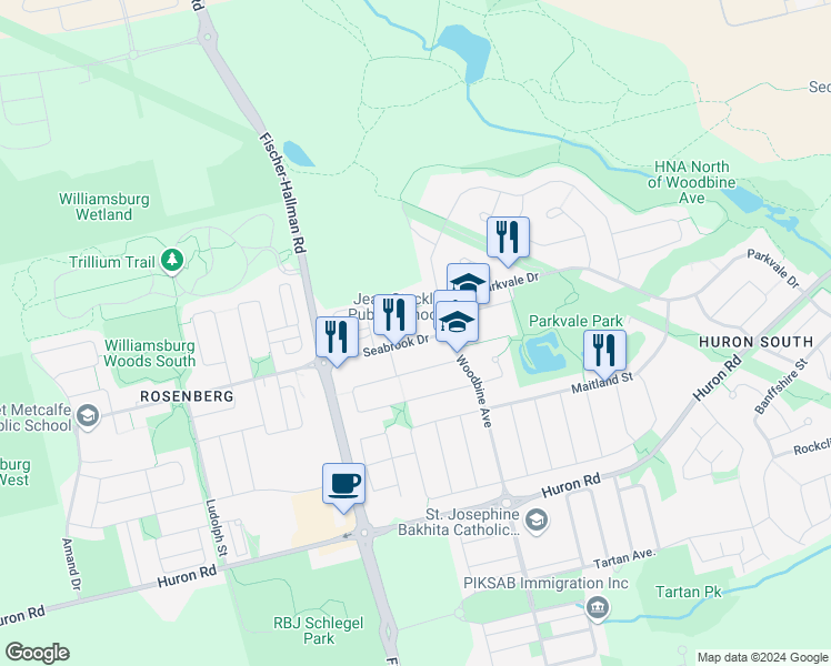 map of restaurants, bars, coffee shops, grocery stores, and more near 47 Seabrook Drive in Kitchener