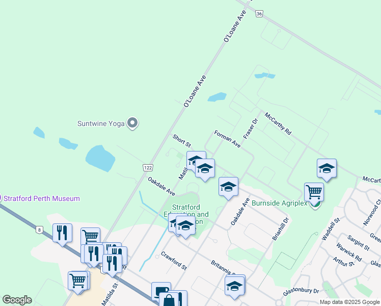 map of restaurants, bars, coffee shops, grocery stores, and more near 6 Bell Court in Stratford