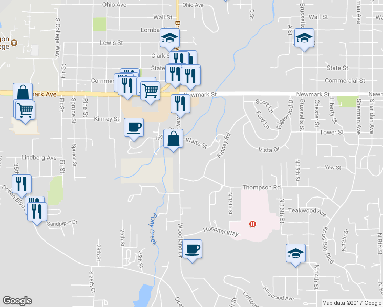 map of restaurants, bars, coffee shops, grocery stores, and more near 3661 Broadway Avenue in North Bend