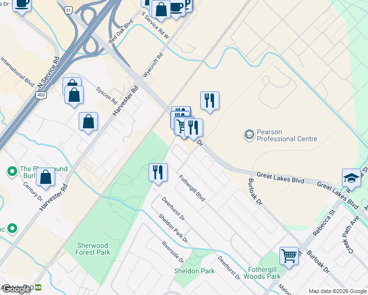 map of restaurants, bars, coffee shops, grocery stores, and more near 5555 Prince William Drive in Burlington