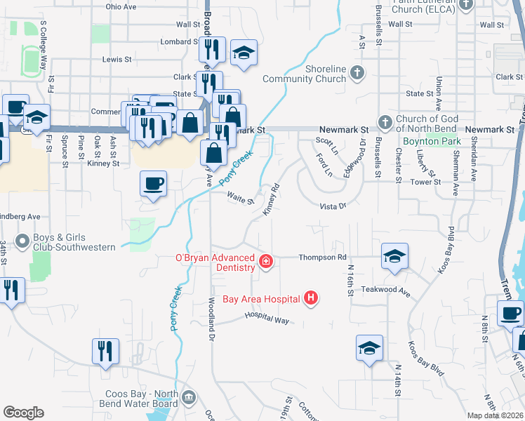 map of restaurants, bars, coffee shops, grocery stores, and more near 3830 Buccaneer Lane in North Bend