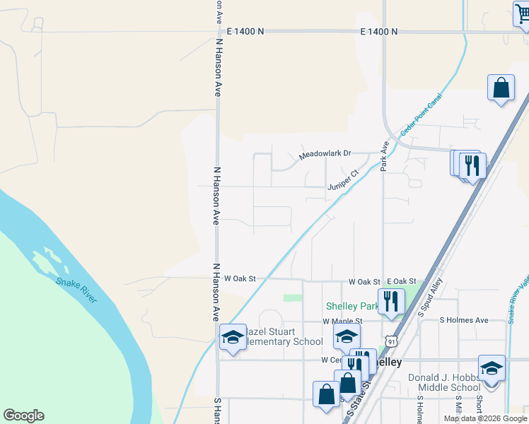 map of restaurants, bars, coffee shops, grocery stores, and more near 555 Cardinal Drive in Shelley