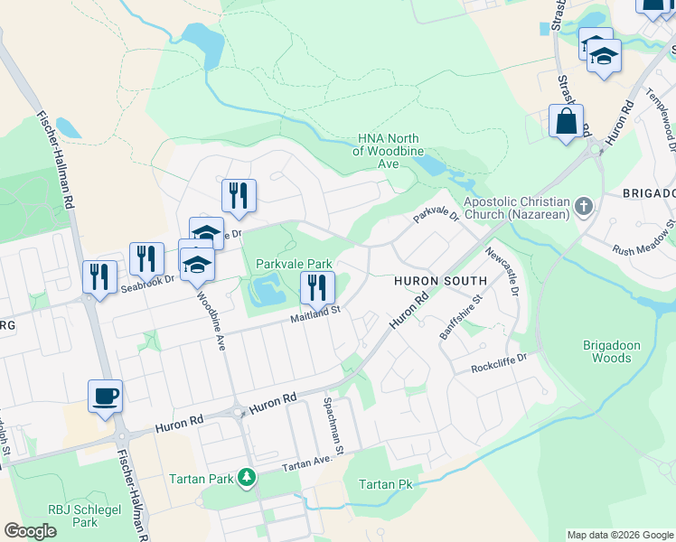 map of restaurants, bars, coffee shops, grocery stores, and more near 255 Maitland Street in Kitchener