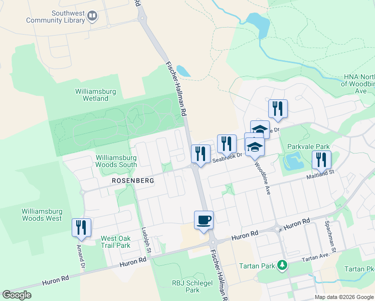 map of restaurants, bars, coffee shops, grocery stores, and more near 922 Apple Hill Lane in Kitchener