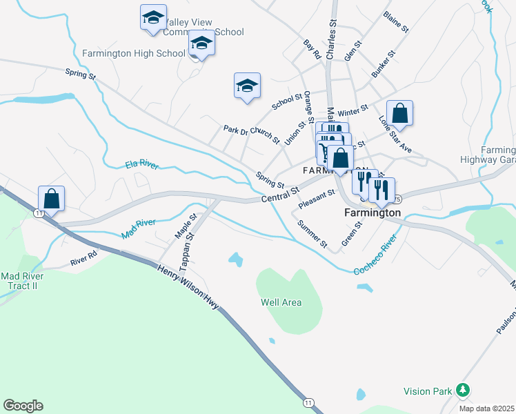 map of restaurants, bars, coffee shops, grocery stores, and more near 58 Central Street in Farmington