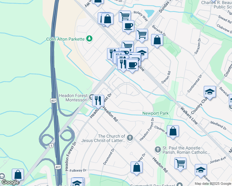 map of restaurants, bars, coffee shops, grocery stores, and more near 2915 Headon Forest Drive in Burlington