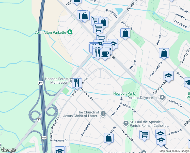 map of restaurants, bars, coffee shops, grocery stores, and more near 2915 Headon Forest Drive in Burlington