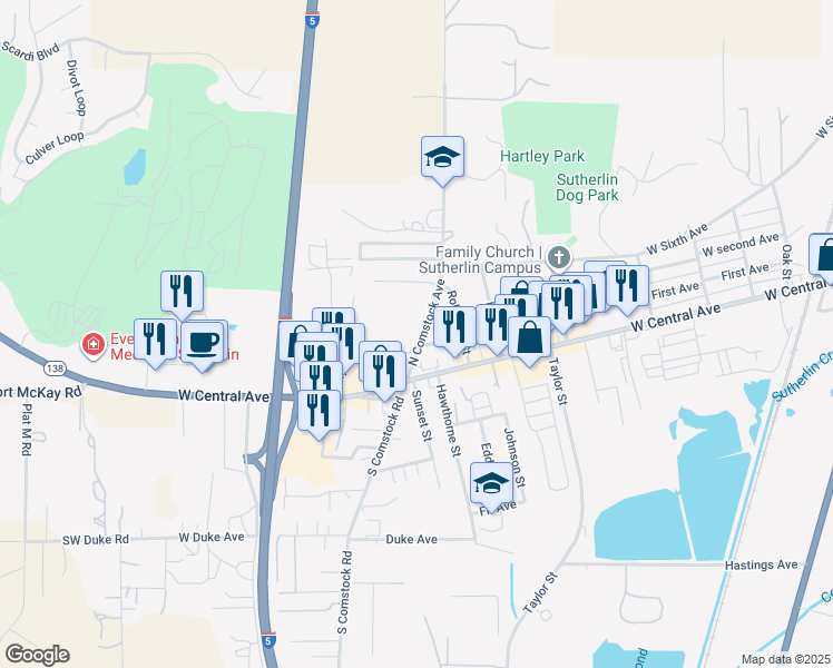 map of restaurants, bars, coffee shops, grocery stores, and more near 237 North Comstock Avenue in Sutherlin
