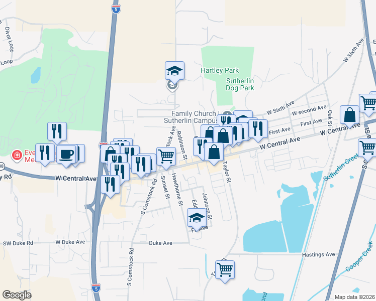 map of restaurants, bars, coffee shops, grocery stores, and more near 1119 West Central Avenue in Sutherlin