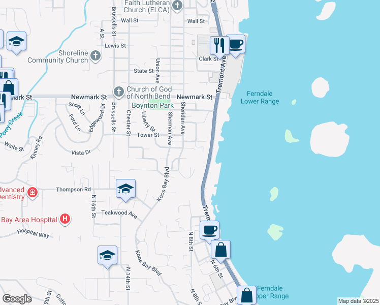 map of restaurants, bars, coffee shops, grocery stores, and more near 3959 Sheridan Avenue in North Bend