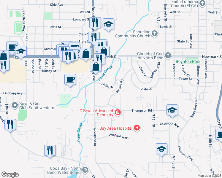 map of restaurants, bars, coffee shops, grocery stores, and more near 3710 Pacific Street in North Bend