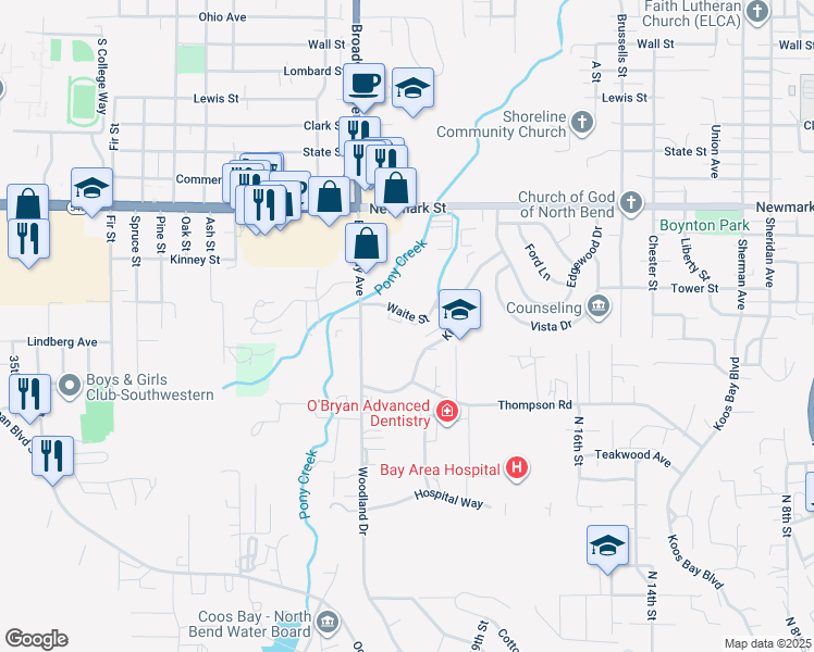 map of restaurants, bars, coffee shops, grocery stores, and more near 3661 Broadway Avenue in North Bend