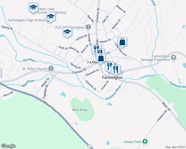 map of restaurants, bars, coffee shops, grocery stores, and more near 14 Pleasant Street in Farmington