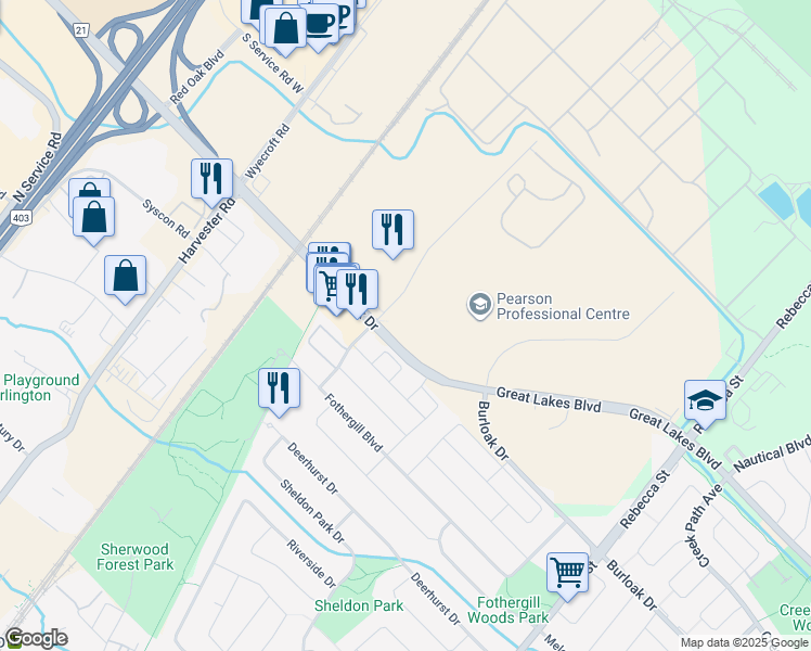 map of restaurants, bars, coffee shops, grocery stores, and more near 3470 Superior Court in Oakville