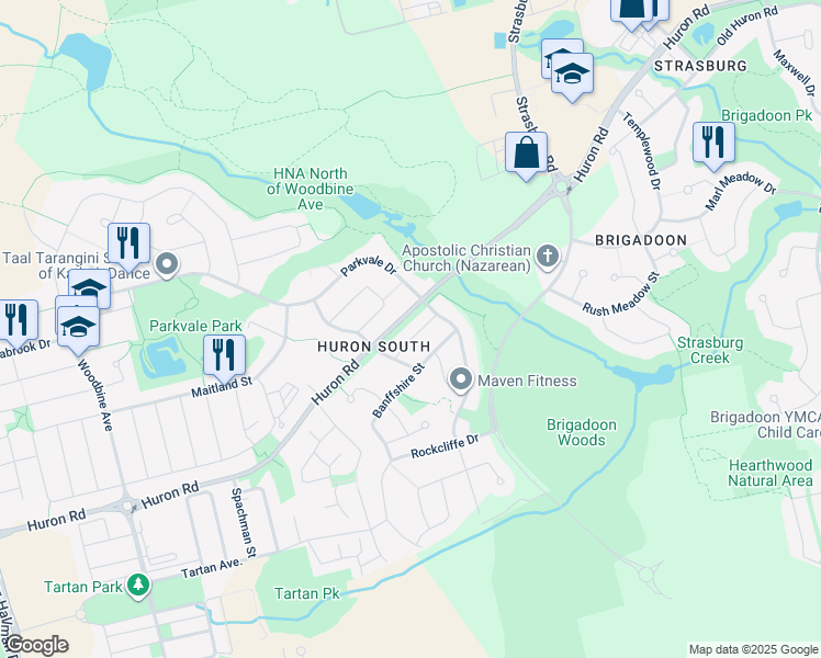 map of restaurants, bars, coffee shops, grocery stores, and more near 30 Tweedsdale Street in Kitchener