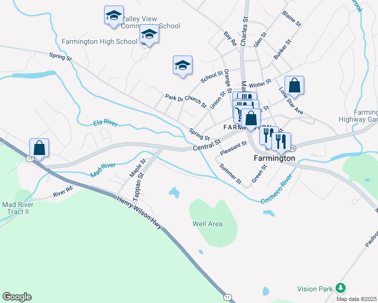 map of restaurants, bars, coffee shops, grocery stores, and more near 58 Central Street in Farmington