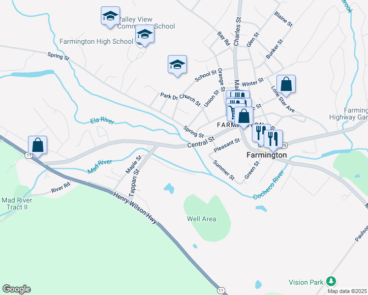 map of restaurants, bars, coffee shops, grocery stores, and more near 58 Central Street in Farmington