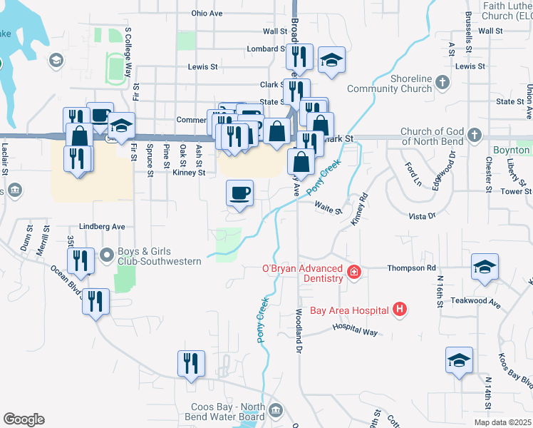 map of restaurants, bars, coffee shops, grocery stores, and more near 3698 Broadway Avenue in North Bend