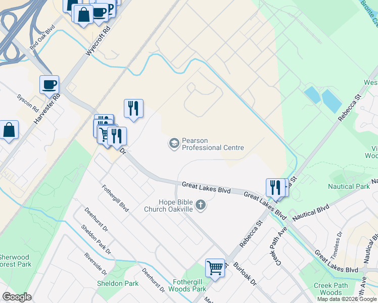 map of restaurants, bars, coffee shops, grocery stores, and more near 555 Michigan Drive in Oakville