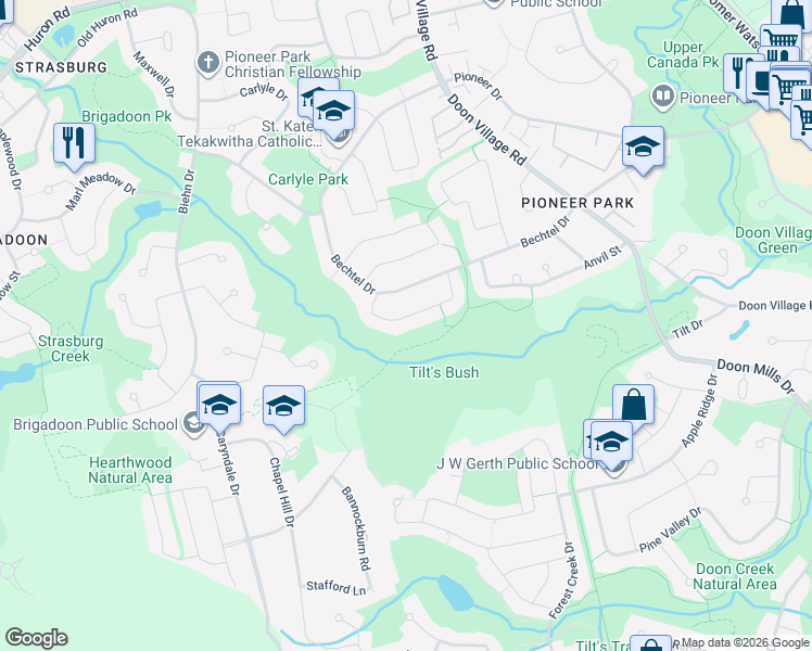 map of restaurants, bars, coffee shops, grocery stores, and more near 73 Sabrina Crescent in Kitchener