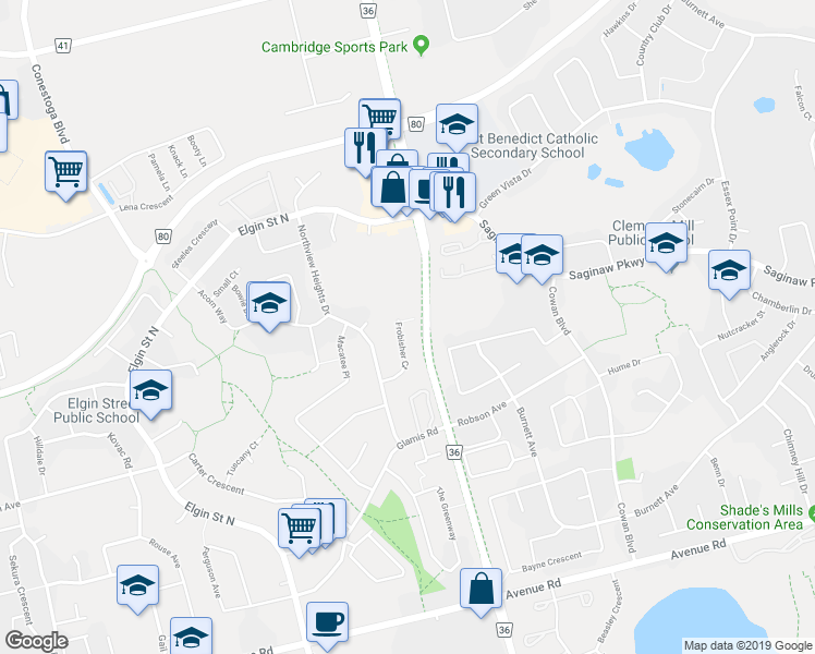 map of restaurants, bars, coffee shops, grocery stores, and more near 76 Frobisher Court in Cambridge