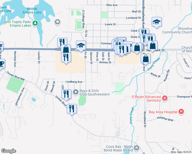map of restaurants, bars, coffee shops, grocery stores, and more near 3650 Pine Street in North Bend