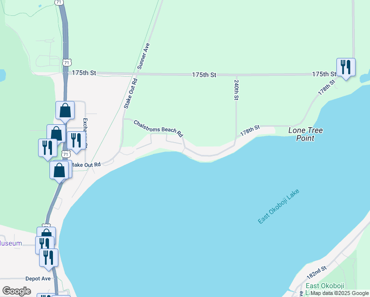 map of restaurants, bars, coffee shops, grocery stores, and more near 1501 Chalstrom Circle in Okoboji