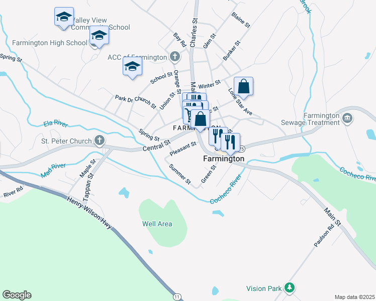 map of restaurants, bars, coffee shops, grocery stores, and more near 14 Pleasant Street in Farmington