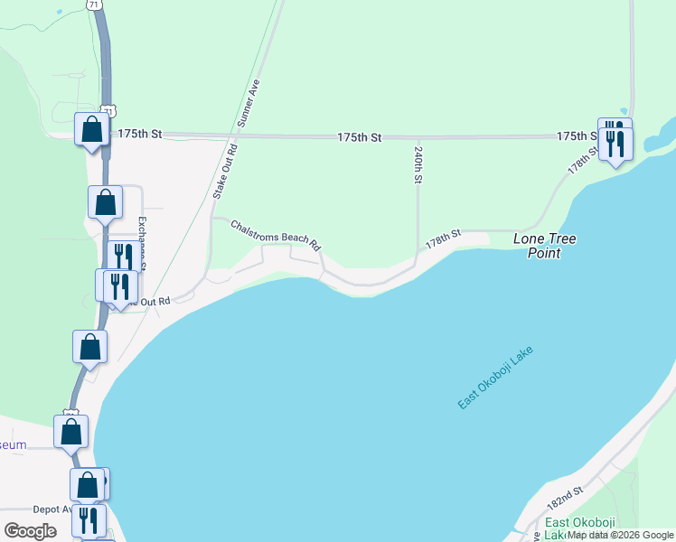 map of restaurants, bars, coffee shops, grocery stores, and more near 1601-1613 Chalstroms Beach Road in Okoboji