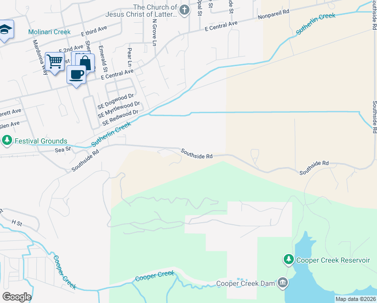 map of restaurants, bars, coffee shops, grocery stores, and more near 1579 Southside Road in Sutherlin