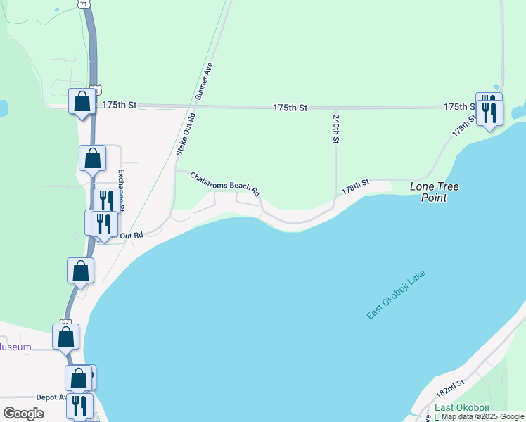 map of restaurants, bars, coffee shops, grocery stores, and more near 1501 Chalstrom Circle in Okoboji