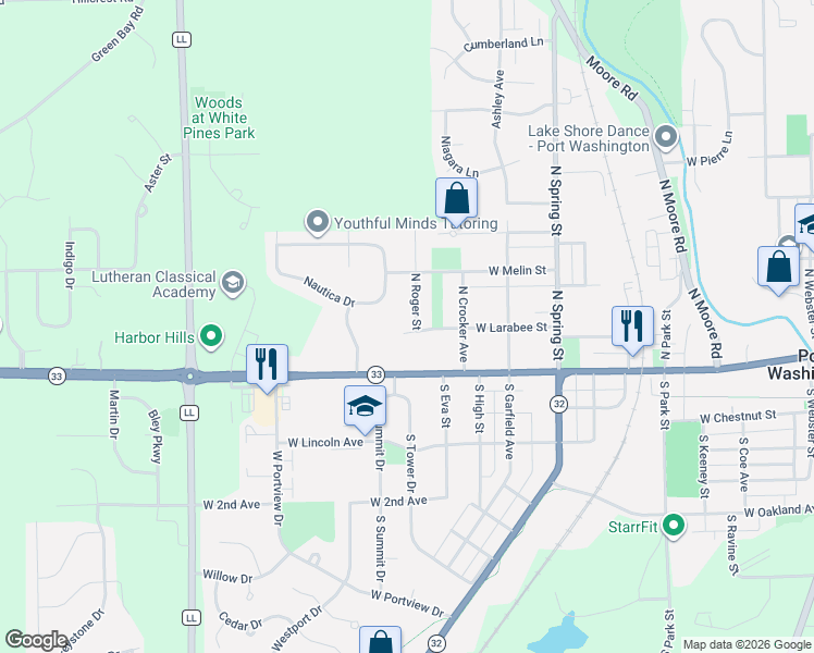 map of restaurants, bars, coffee shops, grocery stores, and more near 226 North Roger Street in Port Washington