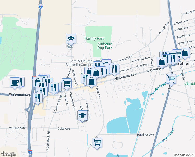 map of restaurants, bars, coffee shops, grocery stores, and more near 265 Branton Street in Sutherlin