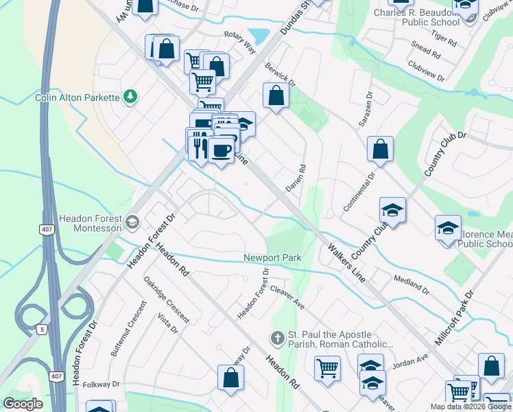 map of restaurants, bars, coffee shops, grocery stores, and more near 2960 Headon Forest Drive in Burlington