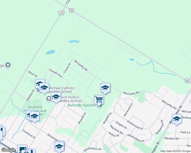 map of restaurants, bars, coffee shops, grocery stores, and more near in Stratford