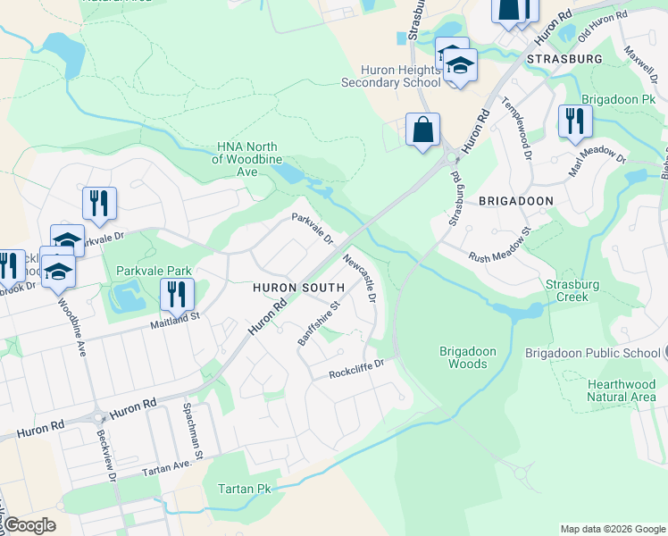 map of restaurants, bars, coffee shops, grocery stores, and more near 18 Tweedsdale Street in Kitchener