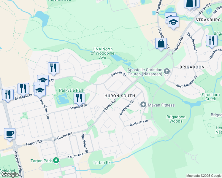 map of restaurants, bars, coffee shops, grocery stores, and more near 314 Featherstone Crescent in Kitchener