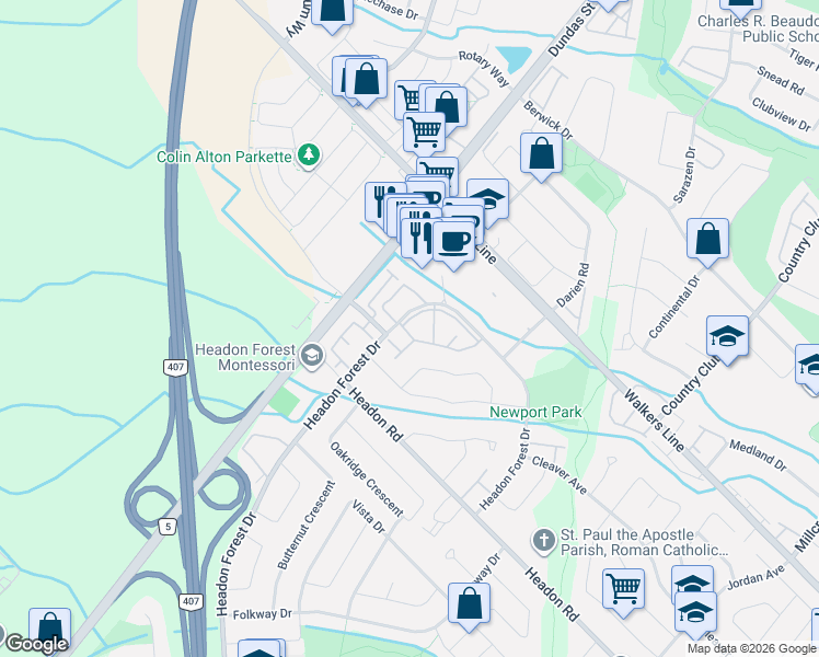 map of restaurants, bars, coffee shops, grocery stores, and more near 2915 Headon Forest Drive in Burlington