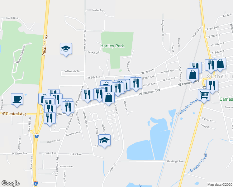 map of restaurants, bars, coffee shops, grocery stores, and more near 157 Branton Street in Sutherlin