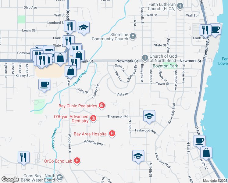 map of restaurants, bars, coffee shops, grocery stores, and more near 3864 Vista Drive in North Bend